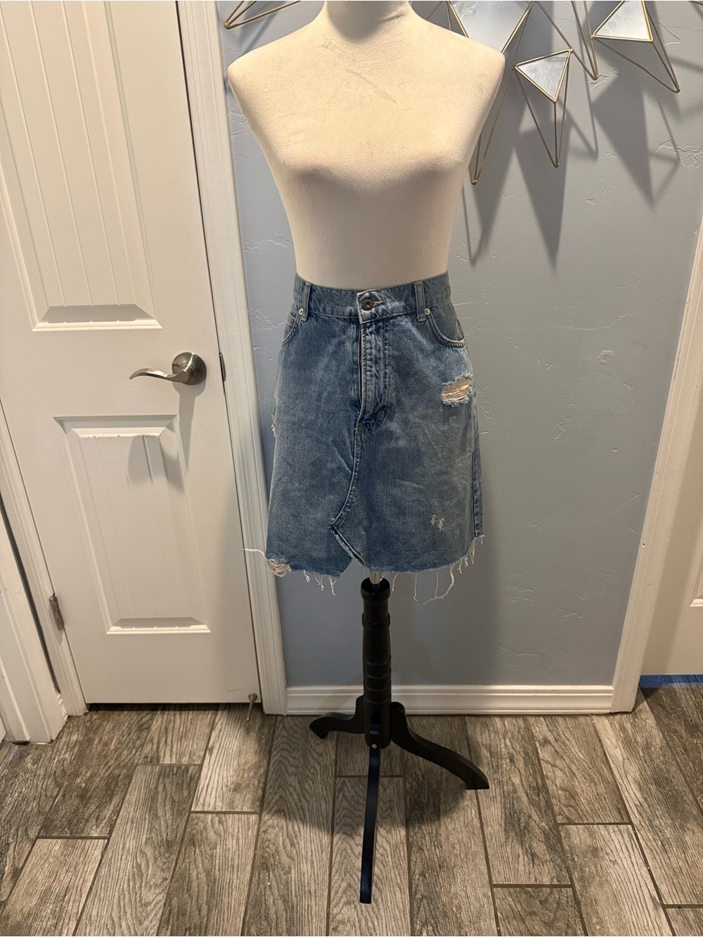 We The Free Distressed Light Blue Denim Mini Skirt